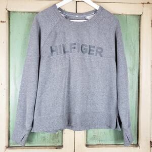 Tommy Hilfiger Sweatshirt Women XL Grey Cropped Signature Fleece Embroidered